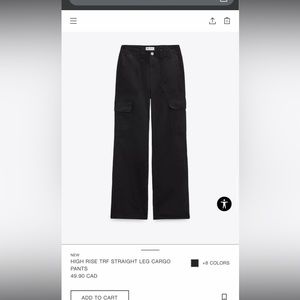 Zara High Rise Straight Leg Cargo Pants, Size 12